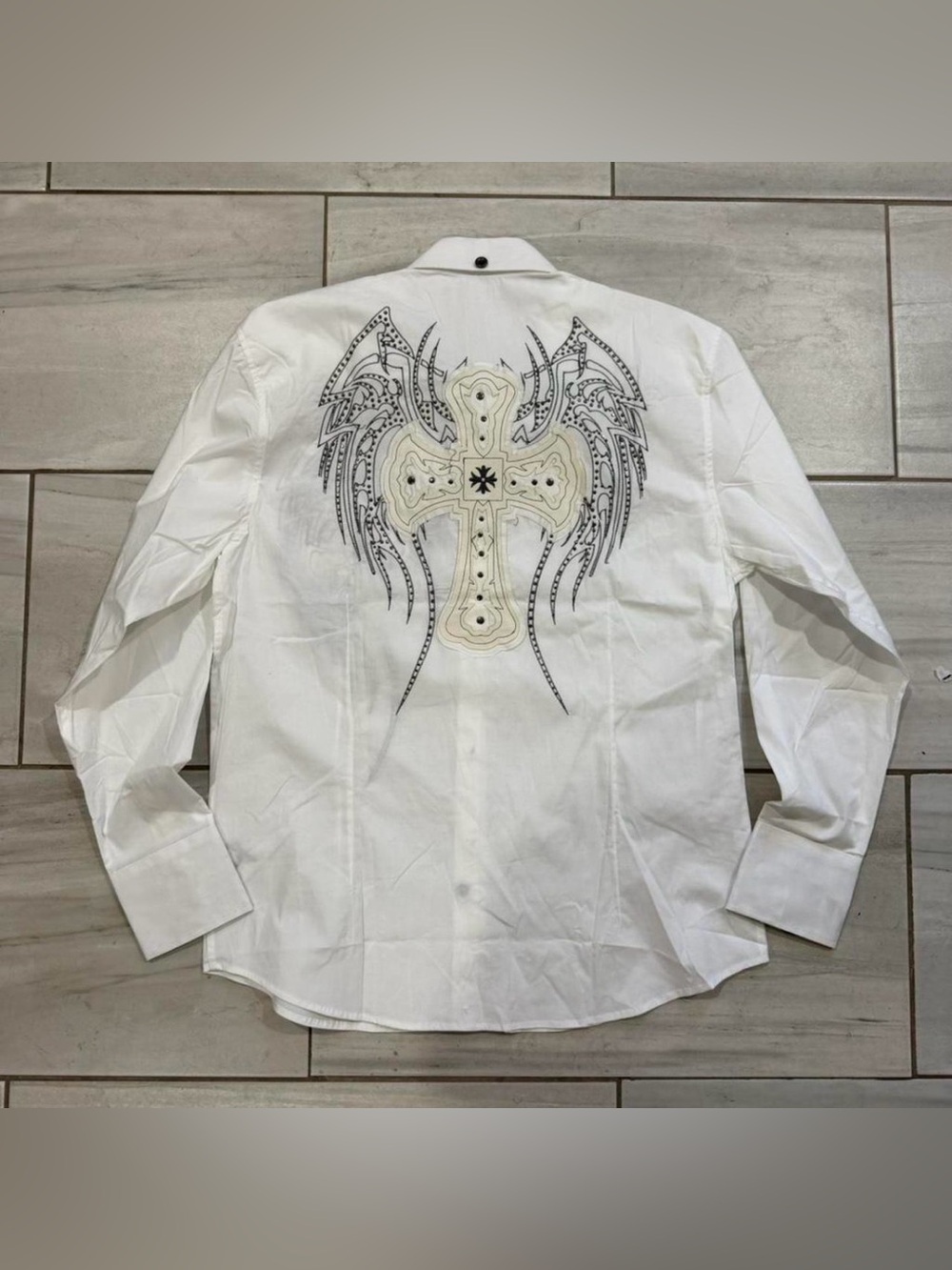 Affliction White Long-Sleeve Dress Shirt with Embroidered Cross and Wing Design